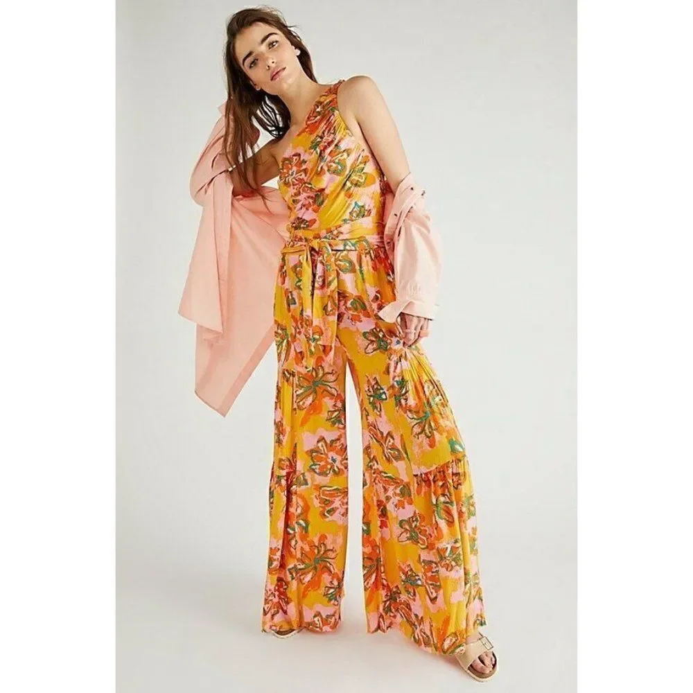 NWT FREE PEOPLE Sz XS THEA JUMPSUIT ONE SHOULDER ONE PIECE FLORAL WIDE LEG